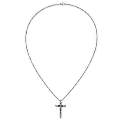 Chisel Stainless Steel Antiqued and with Black Crystal Small Cross Pendant on a 24" Box Chain Necklace