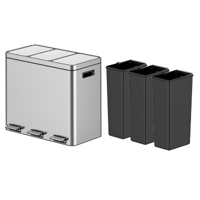 Kitchen Trash Can, Rectangular Kitchen Waste Bin, Dual Separate Compartment Recycle Bin with Removable Plastic Inner Buckets, Soft Step-on with Lid