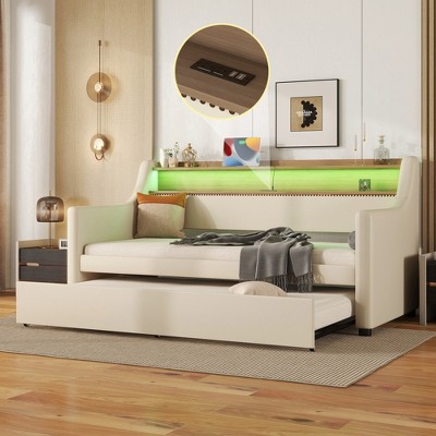 Twin Size Daybed with Storage Drawers, Upholstered Daybed with Charging Station and LED Lights, Twin Size PU Leather Daybed Sofa Bed, Beige