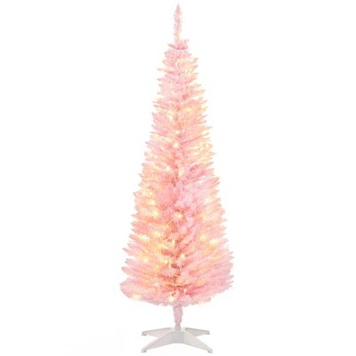 HOMCOM 5' Tall Pre-Lit Slim Noble Fir Artificial Christmas Tree with Realistic Branches, 110 Warm White LED Lights and 294 Tips