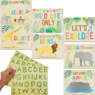 Blue Panda 7-Piece Jungle Safari Animal Party Welcome Signs with 3 Set of Alphabet Stickers - Photo Props, 11" x 8.6"