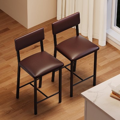 Bar Stools Set of 2, Counter Stools with Back and Thickened Metal Legs, Upholstered PU Leather Counter Height Barstools with Footrest