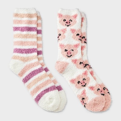 Women's Pig 2pk Cozy Crew Socks - Ivory/Pink 4-10