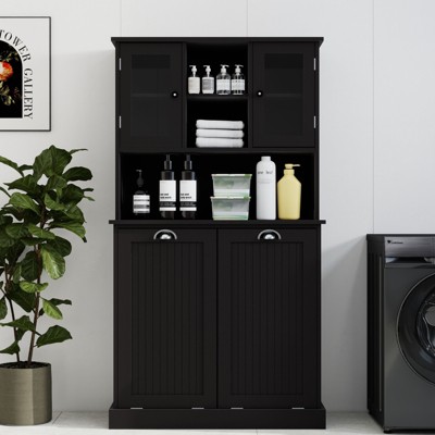 Okak Tall Cabinet Storage Cabinet with Tilt-Out Dirty Laundry Basket, Storage Cabinet with 2 Adjustable Shelves and Doors for Living Room