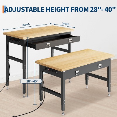 Garage Workbench with Storage Drawers,60" Adjustable Desk 2200lbs Load, 28"-40" Manual Height Workshop Table for Home Office