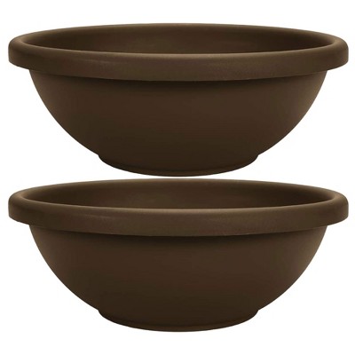 The HC Companies 18 Inch Sun Fade and Crack Withstanding Leakproof Plastic Plain Semi Circular Garden Bowl Planter, Chocolate Brown (2 Pack)