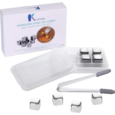 Reusable Ice Cubes Set Stainless Steel, 8 Metal Ice Cubes with Silicone Tip Tongs and Storage Tray, Whiskey Stones for Wine, Beverage, Juice or Soda