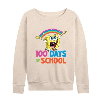 Women's - SpongeBob SquarePants - 100 Days Of School Spongebob Lightweight French Terry Wide Neck Long Sleeve Graphic Shirt