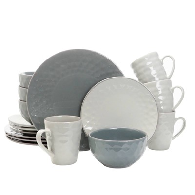 Elama 16pc Stoneware Multi-Diamond Dinnerware Set Gray: Dishware Set, Service for 4, Microwave & Dishwasher Safe