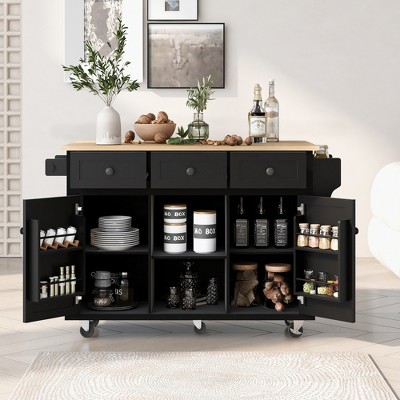 Dolonm 53.9 in. L x 28.7 in. W Kitchen Island with Drop Leaf, Rubber Wood Top, 3-Tier Organizer, 5 Wheels, Storage Cabinet & Spice Rack, Color