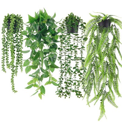 Aoibox 4Pcs Fake Hanging Plants Artificial Ivy Vine Faux Eucalyptus Boston Fern String of Pearls for Living Room Bedroom Boho Wall Shelf Decor