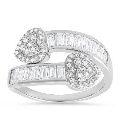 Sterling Silver Baguette CZ Heart Bypass Ring