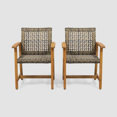 Hampton 2pk Acacia Wood & Wicker Dining Chairs: Weather-Resistant Patio Seating - Christopher Knight Home