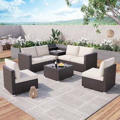 8-Piece Outdoor Patio Furniture Set, Modular Pe Rattan Wicker Sectional Sofa with Glaass Top Table for Garden and Backyard, All-Weather Design, Beige