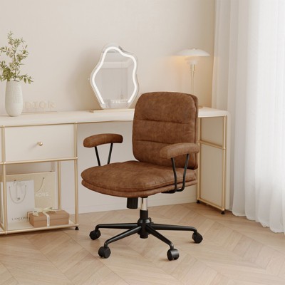 Office Chair Brown, Comfy Desk Chair with Lumbar Support and Wide Seat, Modern Brown Leather Office Chair with Wheels and Arms, Adjustable Height