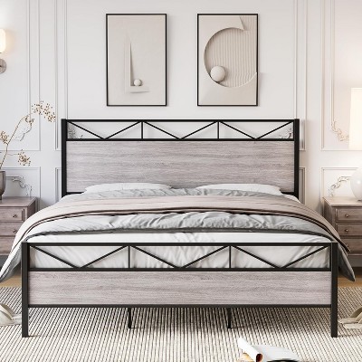 Homhougo Bed Frame with Headboard, Industrial Platform Bed Frame with 14 Strong Metal Slats Support, 11'' Under-Bed Storage, Easy Assembly，Grey