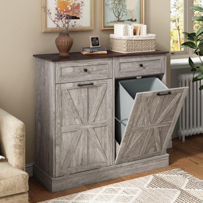 Double Tilt Out Trash Bin Cabinet, Hidden Trash Holder for 10 Gallon Garbage Can