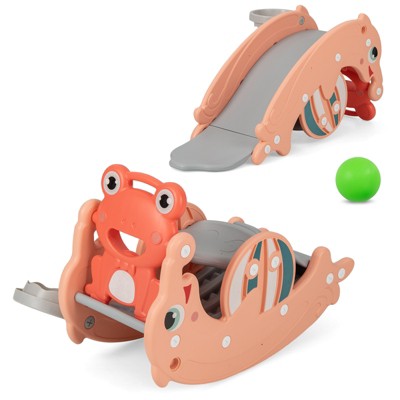 Costway 3-in-1 Kids Slide Rocking Horse Set Convertible Toddler Slide w/ Basketball Hoop Green/Pink