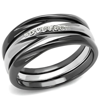 Slickblue Stainless Steel Two-Tone Ring for Women, IP Gun Finish, Clear Crystal Stone, Stackable, Size 5-10