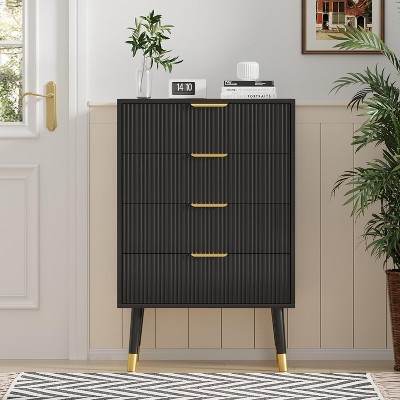 Fluted 4 Drawers Dresser for Bedroom, Modern Chest of Drawers with Gold Handle, Dresser Storage Chest End Table for Living Room, Hallway