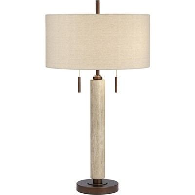 Franklin Iron Works Hugo Industrial Table Lamp 28 1/2" Tall Whitewashed Wood with USB Charging Port and Dimmer Oatmeal Fabric Shade for Bedroom House