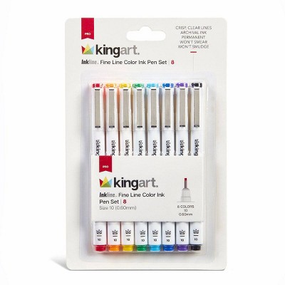 KINGART PRO Inkline Fine Line Pens, 8 Colors, Size 10