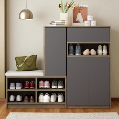 2-in-1 Shoe Storage Bench & Shoe Cabinet with Adjustable Shelves and Padded Seat, Multifunctional Entryway Shoe Organizer, Holds 15ââ‚?0 Pairs