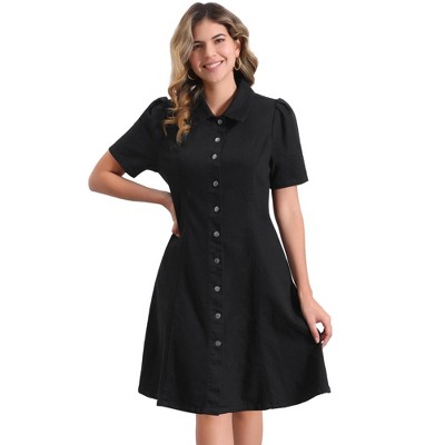 Allegra K Women's Puff Short Sleeve Button Down Collared Fit and Flared Denim Dress