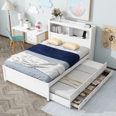 PAGED Full Size Platform Bed Modern Pine Bed Frame with Trundle, Storage Headboard and 3 Drawers for Bedroom
