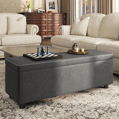 Storage Ottoman Bench, Mid-Century Modern Storage Bench for Bedroom, Synthetic Leather with Stitching, Safety Hinges, Loads 680 Lb, Grey