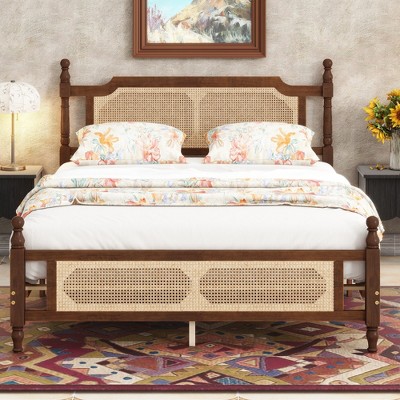 TiramisuBest Queen Pine wooden Bed with Rattan Headboard and Footboard, with Central Enhanced Bed Platform