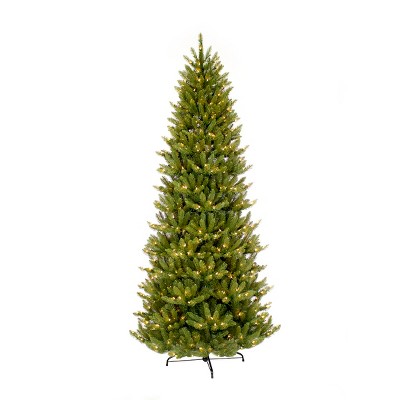 Puleo 9ft Pre-lit Slim Artificial Christmas Tree Forest Fir: Hinged Branches, 550 Clear Lights, Indoor Use, PVC