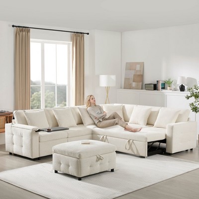 Whisen Chenille Sectional Pull-Out Sofa Bed with Flip-Up Table, Adjustable Reading Lamp, Charging Ports, Movable Storage Ottoman