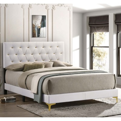 Sapphtopaz Modern Queen Size Bed Frame with Gold Bars Tufted Upholstered Headboard Wooden Panel Bed with Metal Leg for Bedroom,No Box Spring Needed