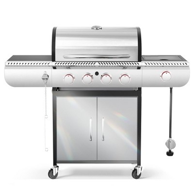 R.W.FLAME 4-Burner Propane Gas Grill with Side Burner, 42,000 BTU Stainless Steel BBQ Grill for Outdoor Cooking, with Cast Iron Grates, Baking Pan