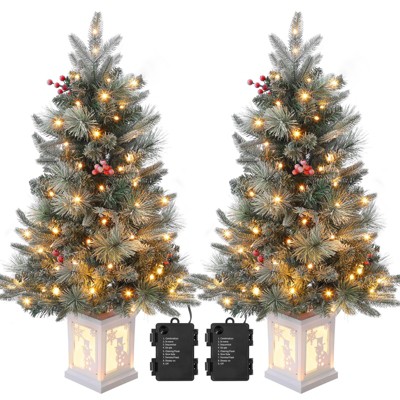 Pre-Lit 3Ft Snow Flocked Artificial Christmas Tree w/ 78 White LED Lights & Lighting Elk Base, 8 Modes Tabletop Mini Tree for Home Decor, 2 Pack