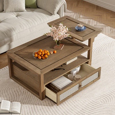 TIRAMISUBEST Modern Coffee Table, CenterTable Cocktail Table with 1 Storage Shelf, 2 Tabletops and 1 Rattan Drawer For Living Room