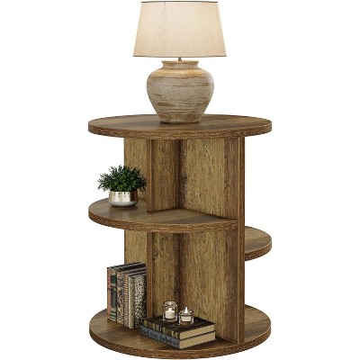 23.6-Inch Round End Table, 3-Tier Side Table with Storage Shelf, Farmhouse Nightstand Between Couches