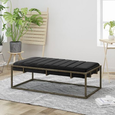 Kumasinova Modern Upholstered Velvet Ottoman Bench with Brass Finish – 49" Wide, Foot Stool with Channel Pleating, Entryway Bench, End of Bed Bench