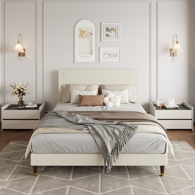 Modern Upholstered Platform Bed Frame Fabric Headboard, Sturdy Metal Frame and Wooden Slats