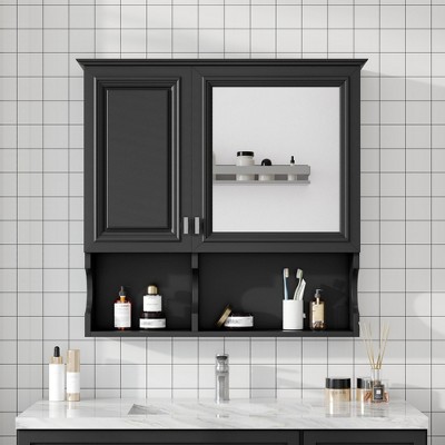 MOEPISY 30 Inch Wall Mounted Home Storage with Doors & Mirror, Adjustable Shelf, Bathroom Storage Cabinet over Toilet Black