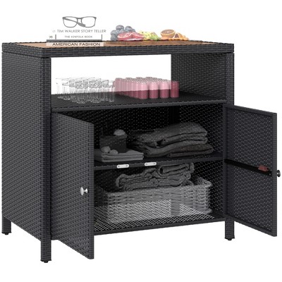 Outsunny Rattan Outdoor Storage Cabinet, Wicker Bar Table with Acacia Wood Countertop, Two Doors, Shelf, for Garden, Patio, Backyard