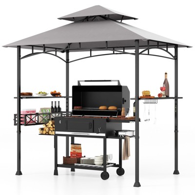 Tangkula 8 x 5 FT Outdoor Grill Gazebo Double Tiered BBQ Canopy Tent w/ 2 Side Shelves 20 Hooks Bottle Opener & Storage Basket
