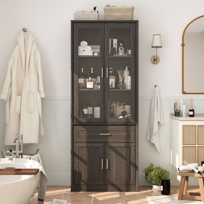 Famapy Tall Bathroom Storage Cabinet,Freestanding  Storage Unit with Glass Doors,Anti-Tip Design,for Small Spaces, Dark