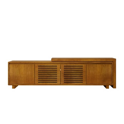 TiramisuBest 67.9" Modern Rattan TV Stand for TVs up to 75", Solid Wood Feet Media Console with Rattan Doors,Entertainment Cabinet,Brown