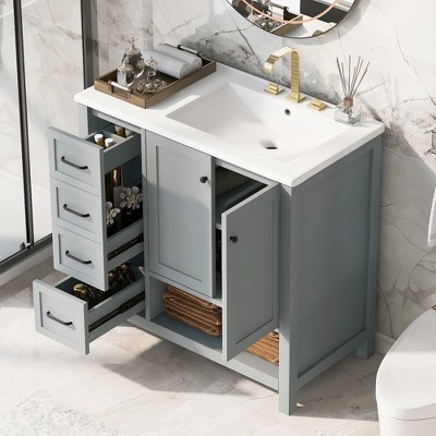 TIRAMISUBEST 36" Bathroom Vanity with Ceramic Sink Top, Freestanding Bathroom Vanity Cabinet with 2 Doors, 2 Drawers and Open shelf