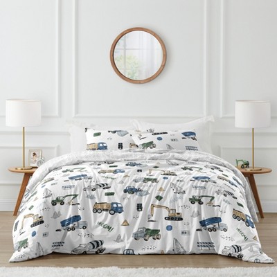 Sweet Jojo Designs Boy Full/Queen Comforter Bedding Set Construction Truck Green Blue and Grey 3pc.