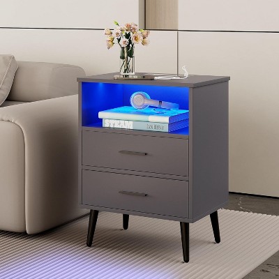 Vlsrka LED Night Stand with Charging Station, 3-Color Dimmable Lights, Modern Bedroom Bedside Table with Drawers, Open Shelf, Metal Legs