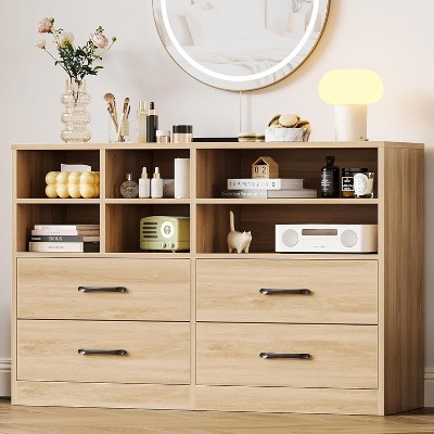 4 Drawer Dresser with 6 Adjustable Open Cubbies, Modern Oak Wooden Dresser, Space-Saving Chest of Drawer, Multifunctional TV Cabinet Storage Cabinet