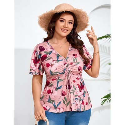 Coolmee Women's Plus Size Shirts V Neck Front Drawstring Casual Tunic Tops Short Sleeve Tightened Waist Floral Print Swing Blouse 5XL Pink